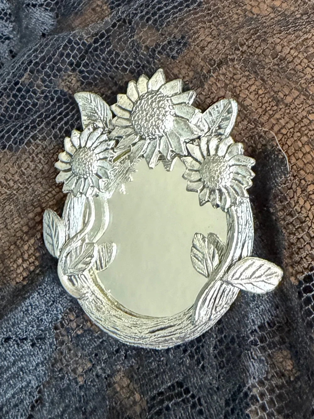 Silver (Heavy) Sunflower Floral Mirror Brooch